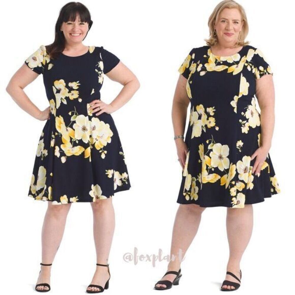 NEW Jessica Howard Navy and Yellow Floral Fit-And-Flare Dress, 22W